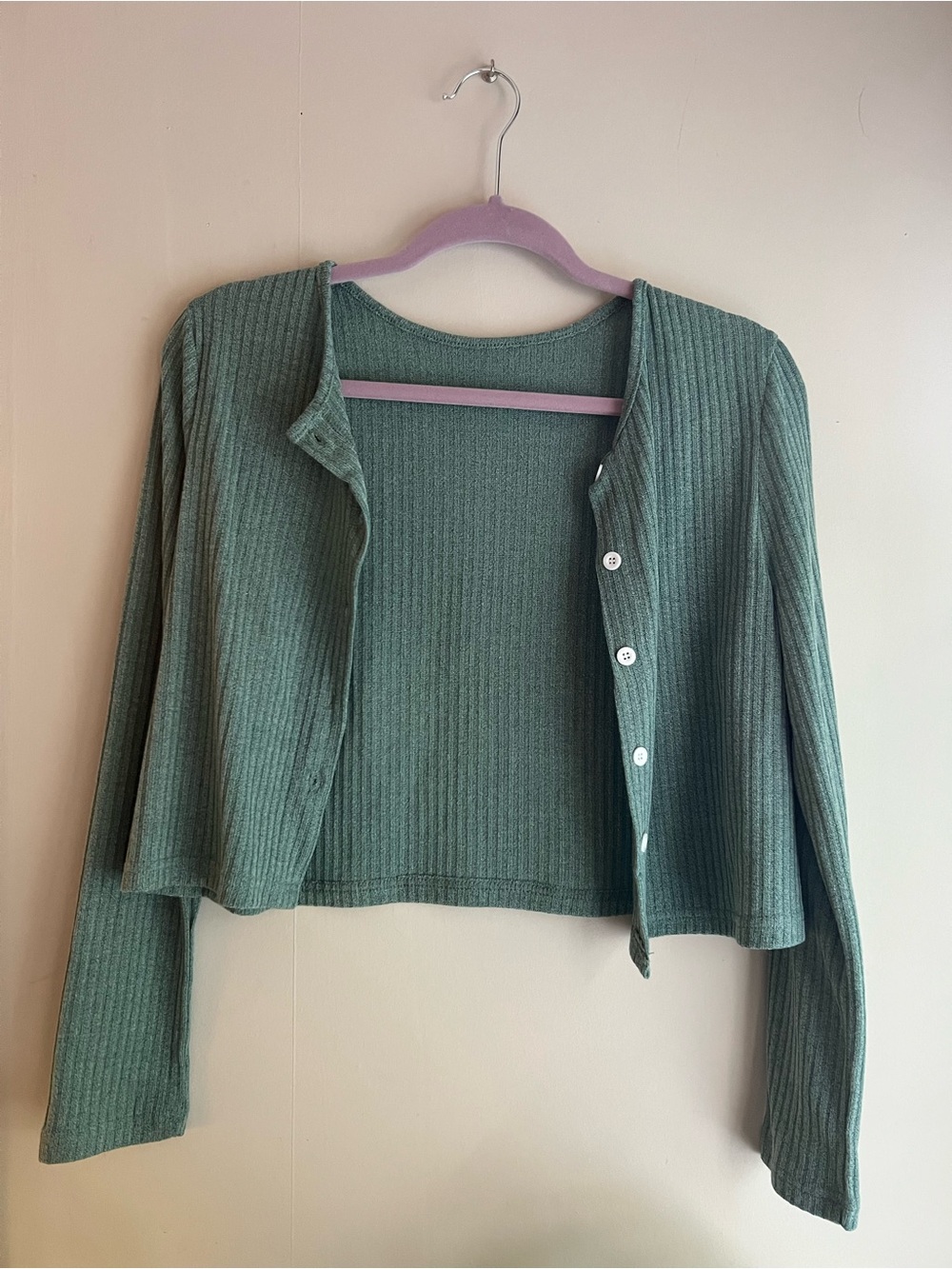 Ribbed Button-Front Crop Top Cardigan - Sage Green